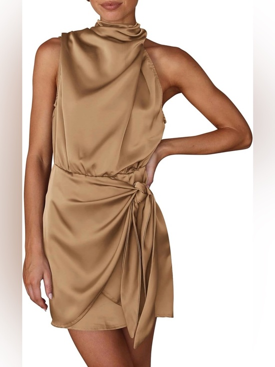 PrettyGarden Dresses & Skirts - Pretty Garden NWT short formal satin dress sleeveless mock wrap size Med khaki